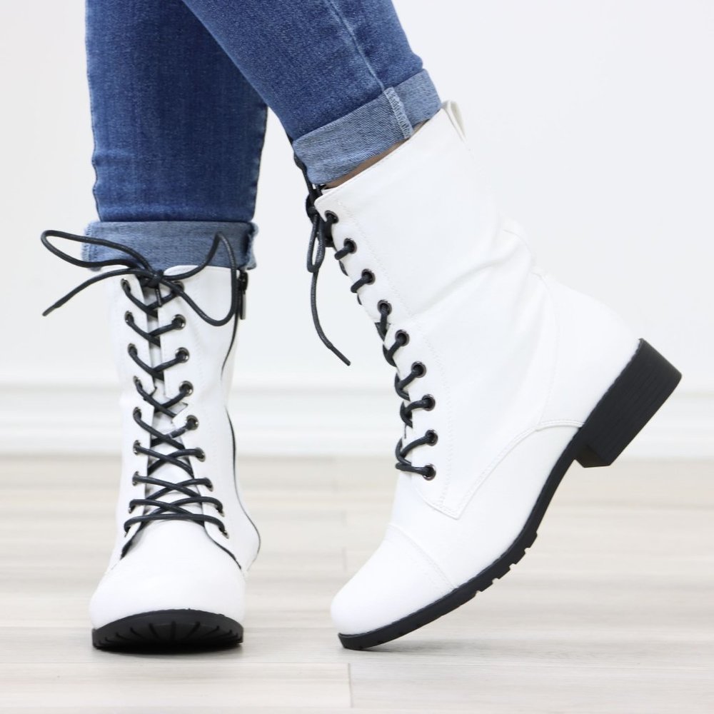 White Synthetic Leather Low Heel Round Toe Above Ankle Combat Boots - Picture 9 of 13